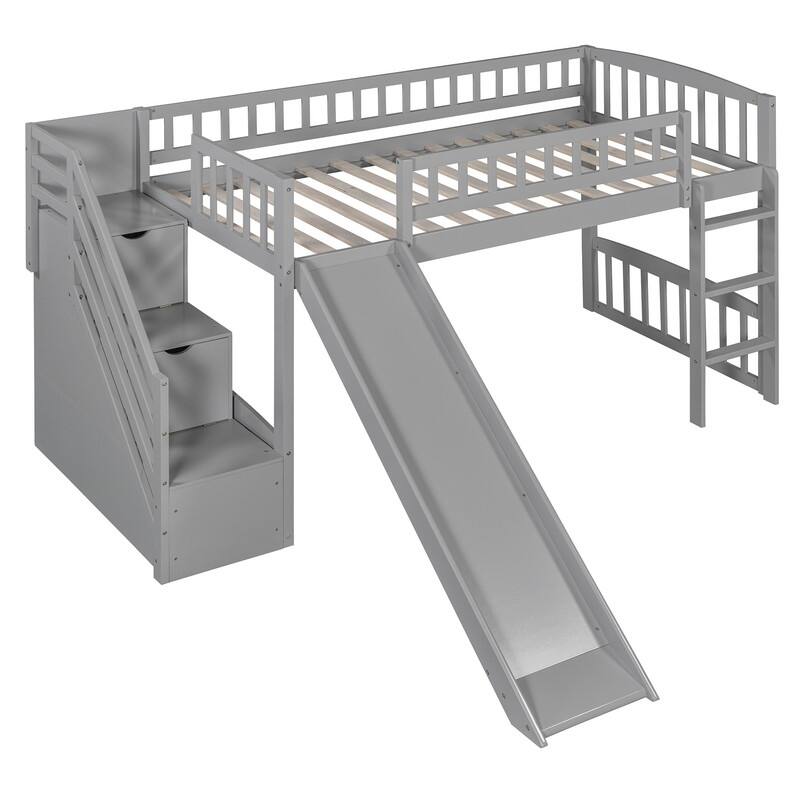 Twin Size Loft Bed with Two Drawers, Stairway and Slide