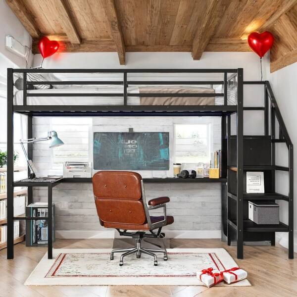 slide 2 of 23, Full /Queen Size Metal Loft Bed with L-shaped Desk,USB,Wardrobe,LED Full