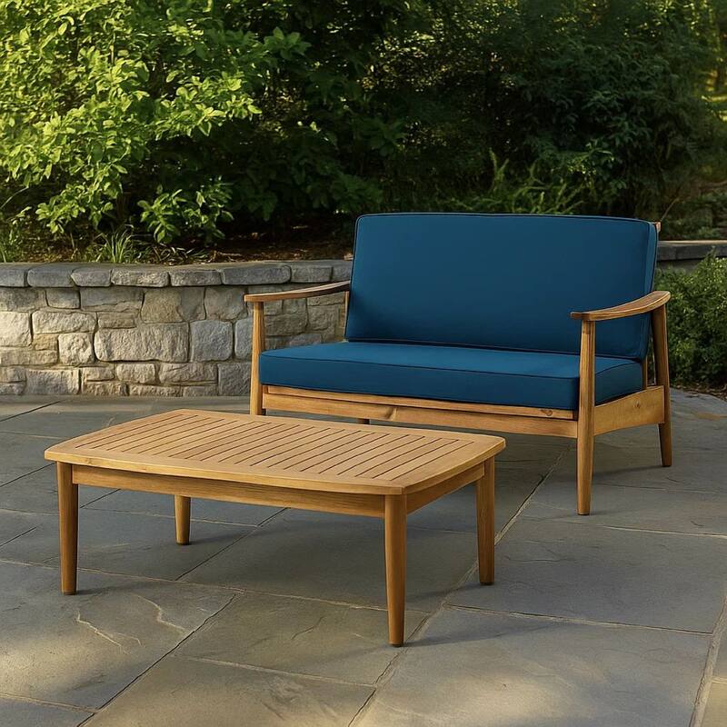2pc Outdoor Loveseat and Table Set, Teal Cushions, Brown Wood Frame