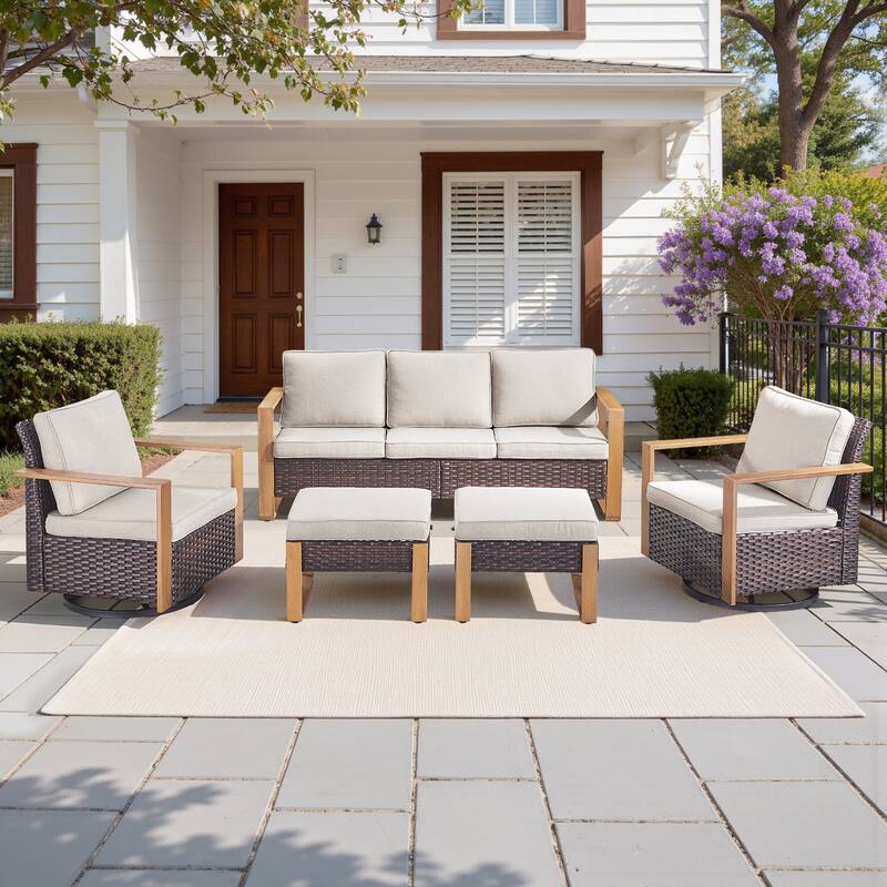 Pocassy Outdoor Sofa Patio Swivel Chair Funiture Set - Brown Wicker with Beige Cushion - 5-Piece Sofa Swivel Chair with Ottoman Set