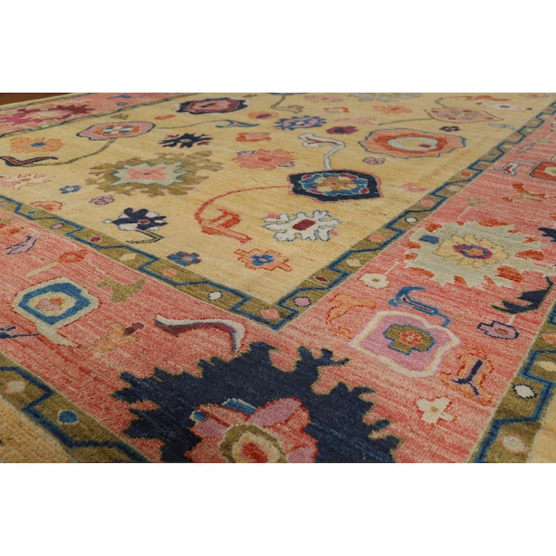 Yellow Oushak Turkish Area Rug Hand-Knotted Vegetable Dye Wool Carpet - 8'11" x 12'11" - 8'11" x 12'11" - Yellow