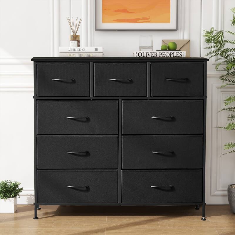 9-Drawer 11.8 in. Wide Chest of Drawers Fabric Storage Tower with Steel Frame, Wooden Top - Black