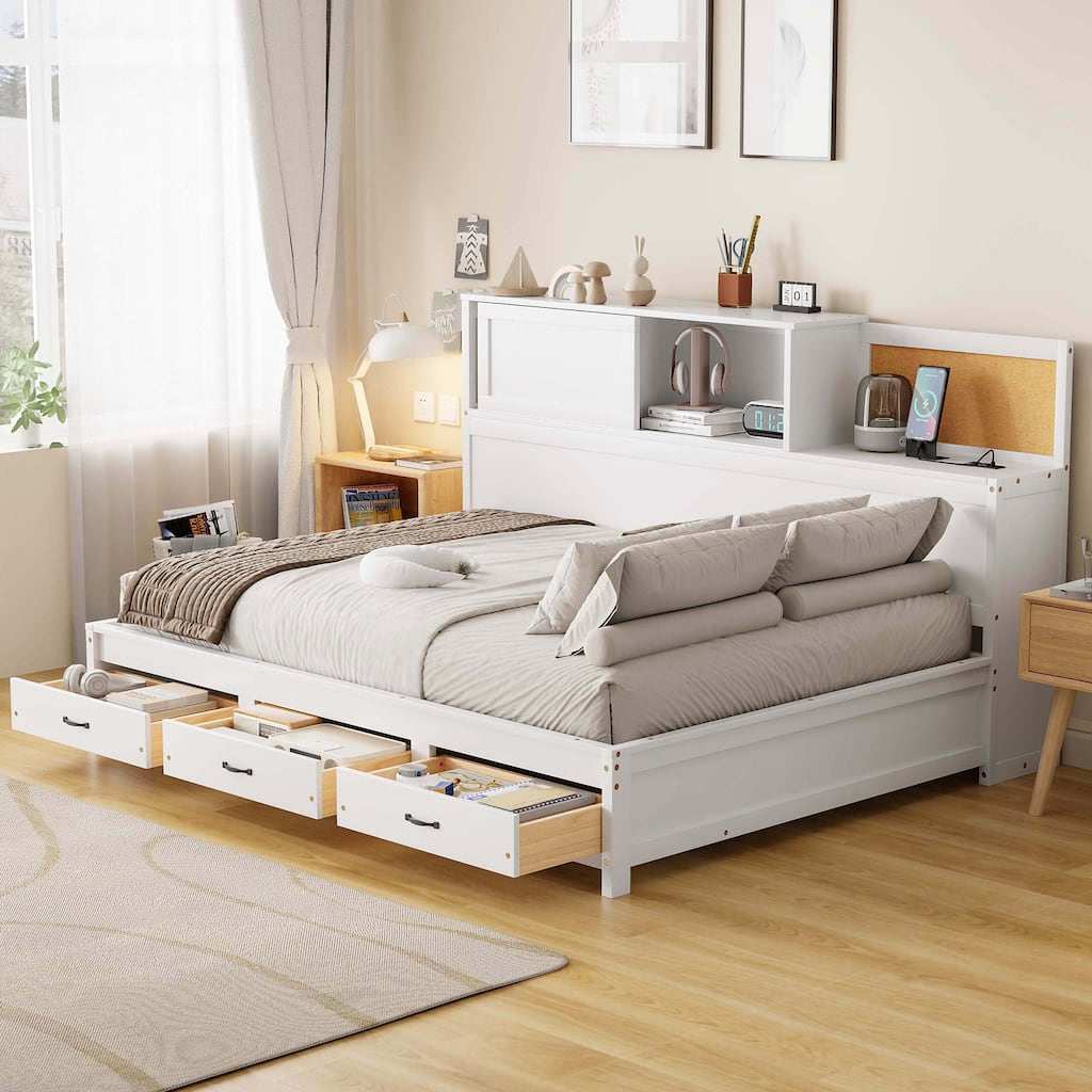 Merax Wooden Daybed with 3 Storage Drawers, Sockets and USB Ports
