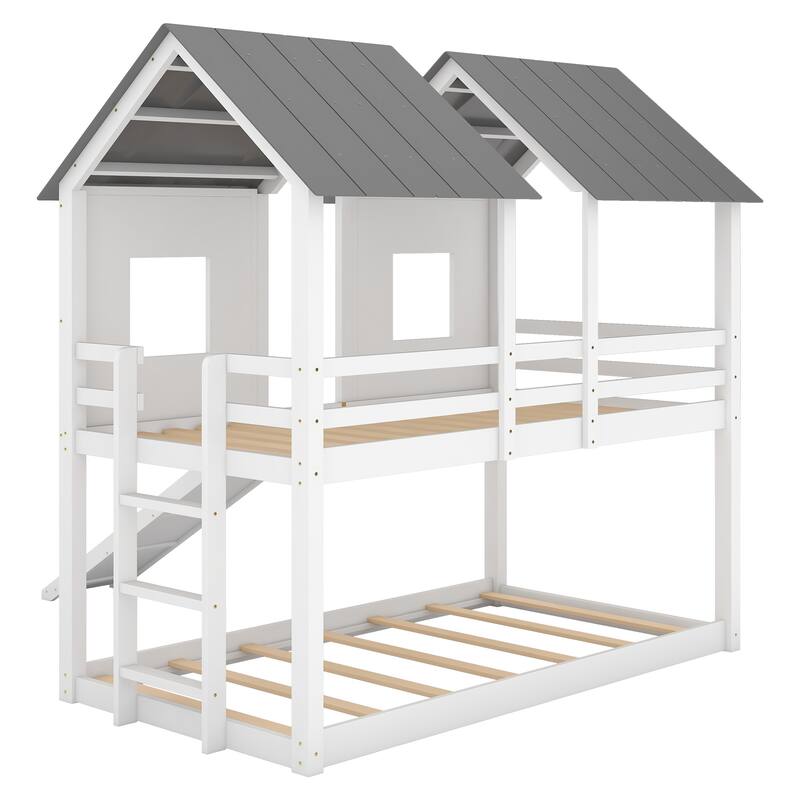 Roomfitters Twin over Twin House Bunk Bed with Slide and Window Design, White