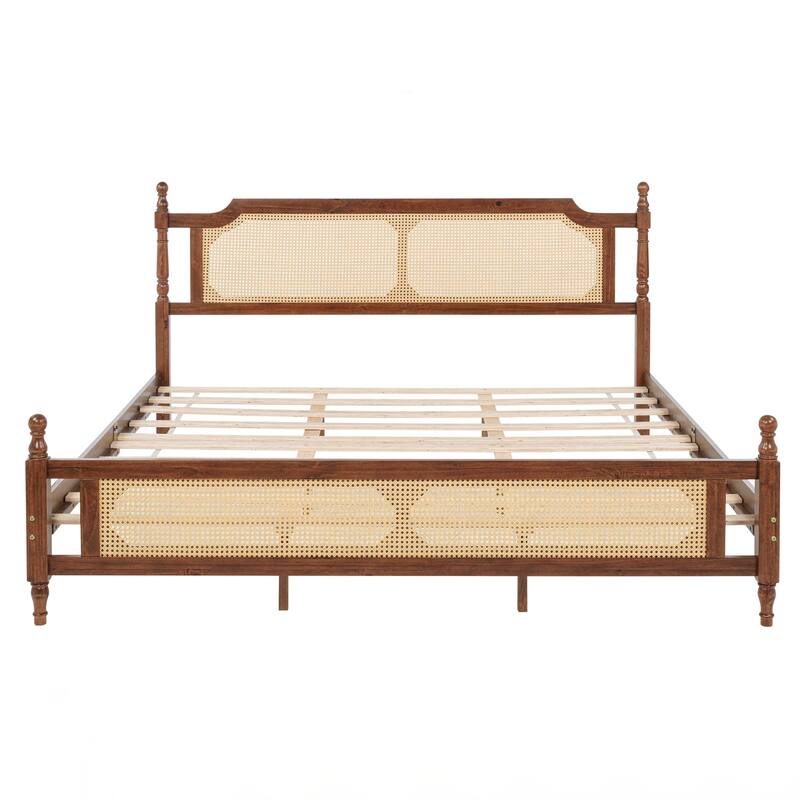 King Pine wooden Bed with Rattan Headboard and Footboard, with Central Enhanced Bed Platform