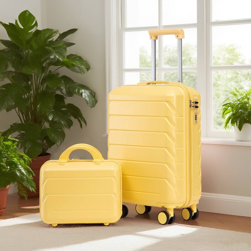 14"/20" 2-Piece, Modern Luggage Sets with Makeup Case, Spinner Wheel and Combination Lock, for Boarding Travel, Yellow