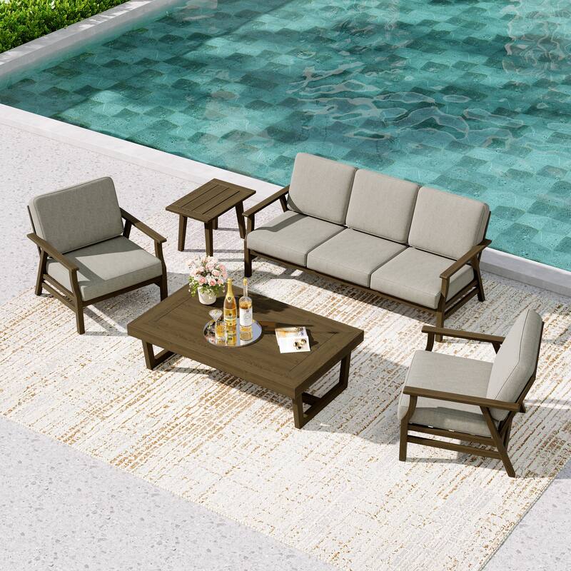 5-Piece Teak Outdoor Conversation Set with Tables. - 5-seat - Light Camel/Brown Wood