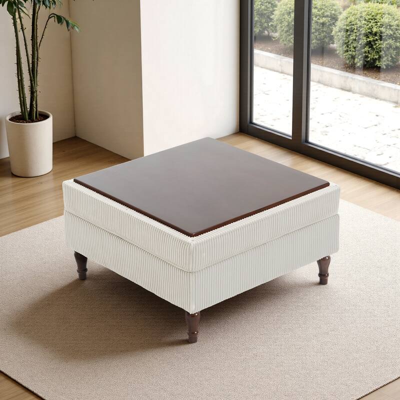 Modular Corduroy Tufted Storage Ottoman with Reversible Tabletop
