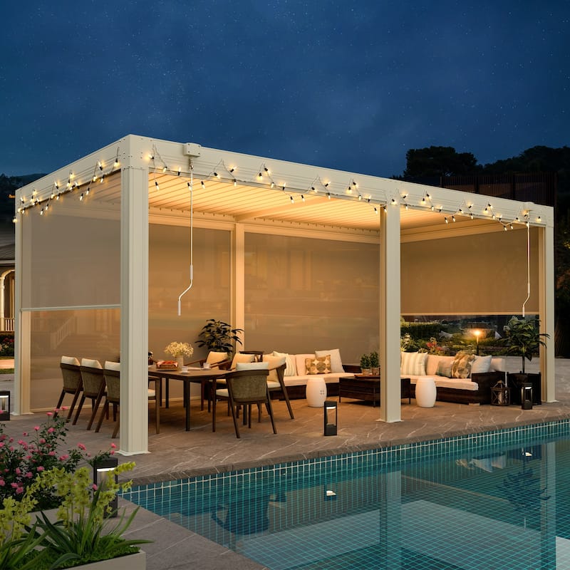 EROMMY Outdoor Louvered Pergola Gazebo with Adjustable Aluminum Rainproof Roof and Pull-Down Screen