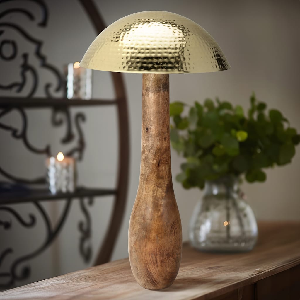 Sagebrook Home Metal Mushroom With Wood Base, Gold, Novelty, Two-Tone, Boheme Decorative Accessories