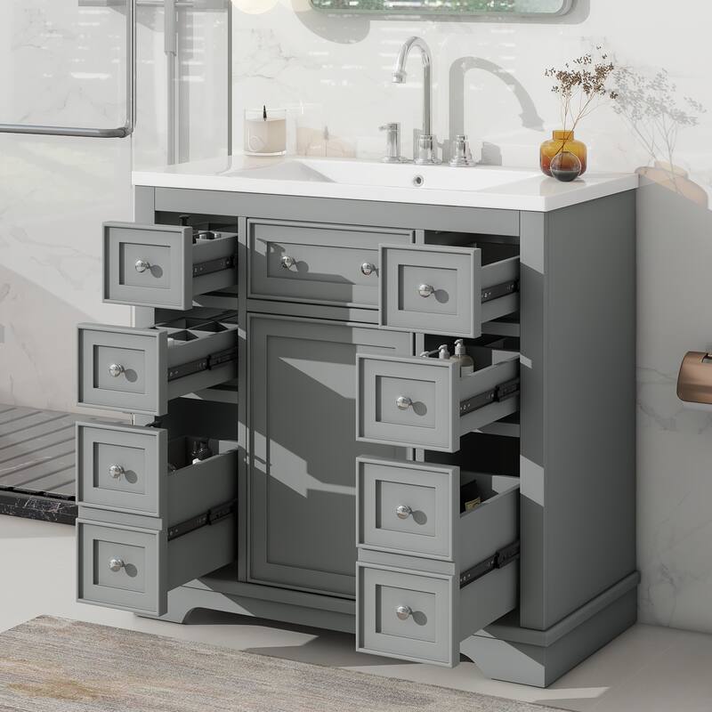 36" Bathroom Vanity Combo with Undermount Sink, 6 Drawers, 1 Cabinet, and Adjustable Shelf