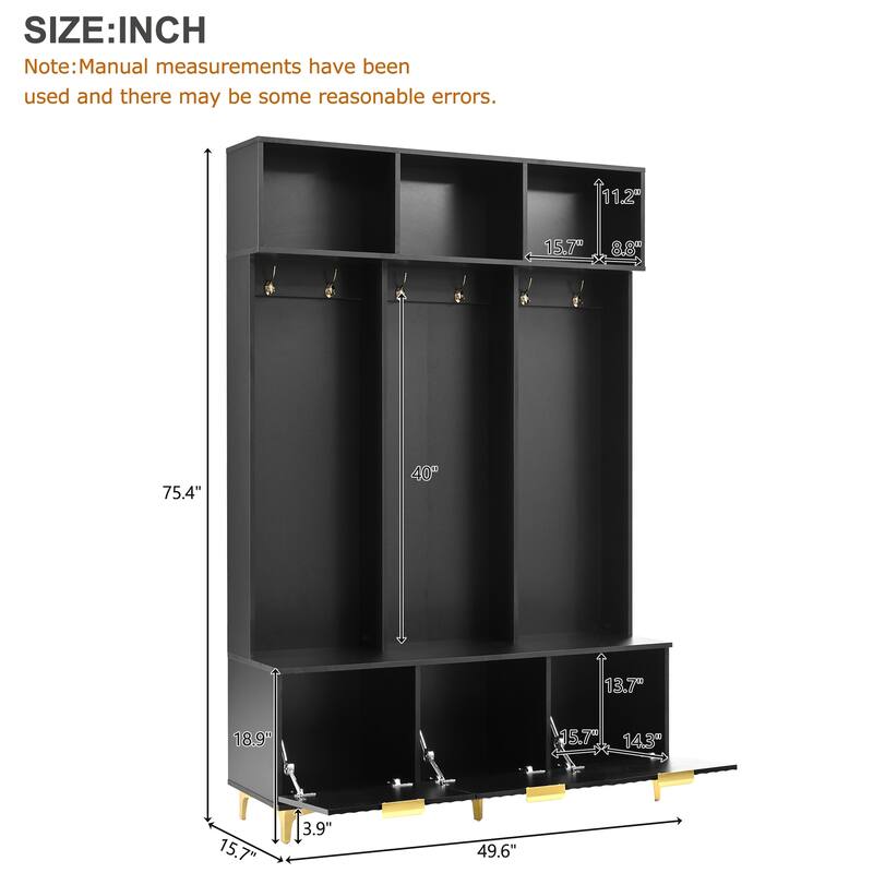 Large Storage Hall Tree with 6 Gold Hooks, Wood Storage Bench with Fluted Doors & Coat Rack for Entryway, Living Room