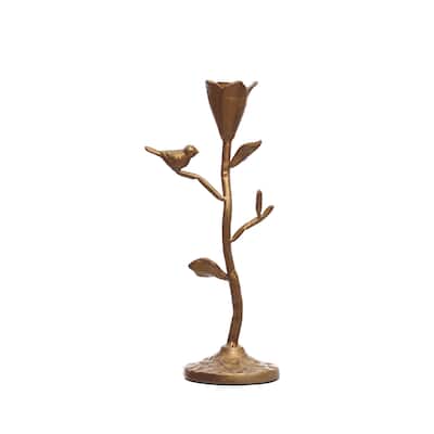Hand-Forged Cast Iron Candelabra with Flowers and Bird - 4.5"L x 3.5"W x 10.6"H