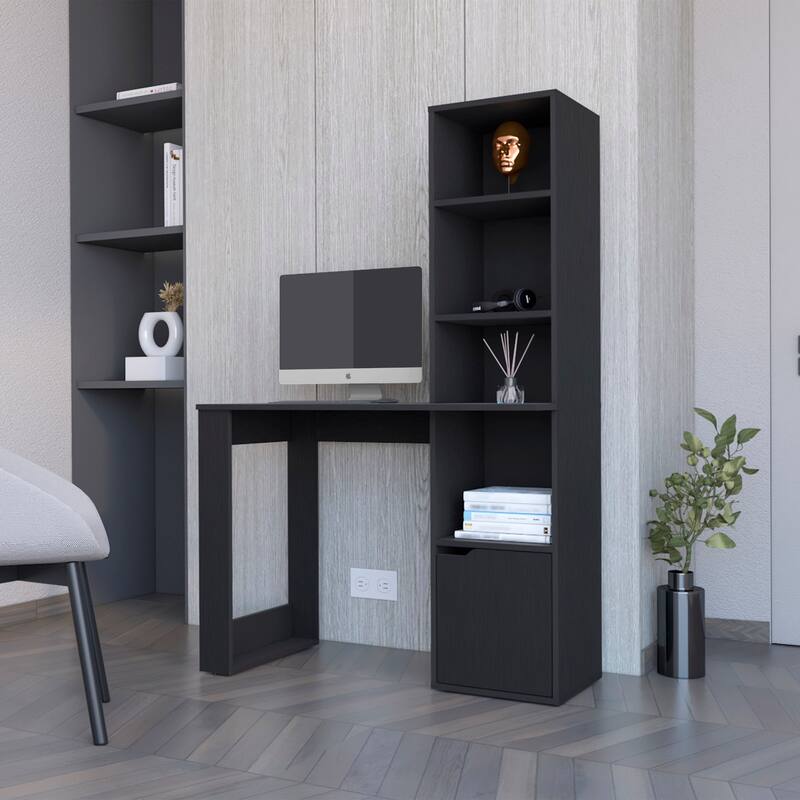 Peterson Computer Desk with 4-Tier Bookcase and 1-Door Cabinet White And Black - Black