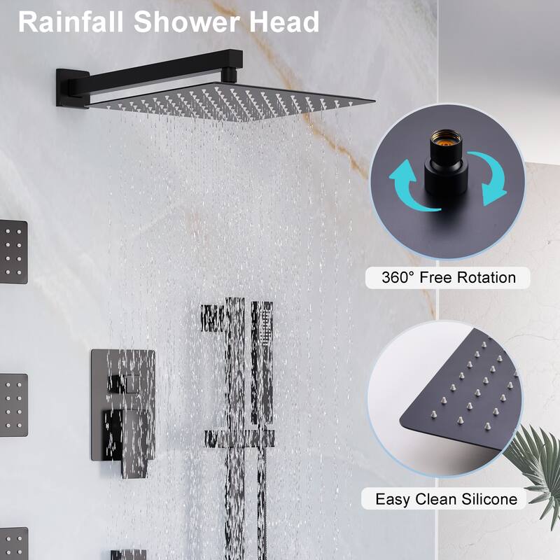 3-Function Shower System With 12" Ultra-Thin Square Shower Head,Body Jets And Hand Shower(Valve Included)
