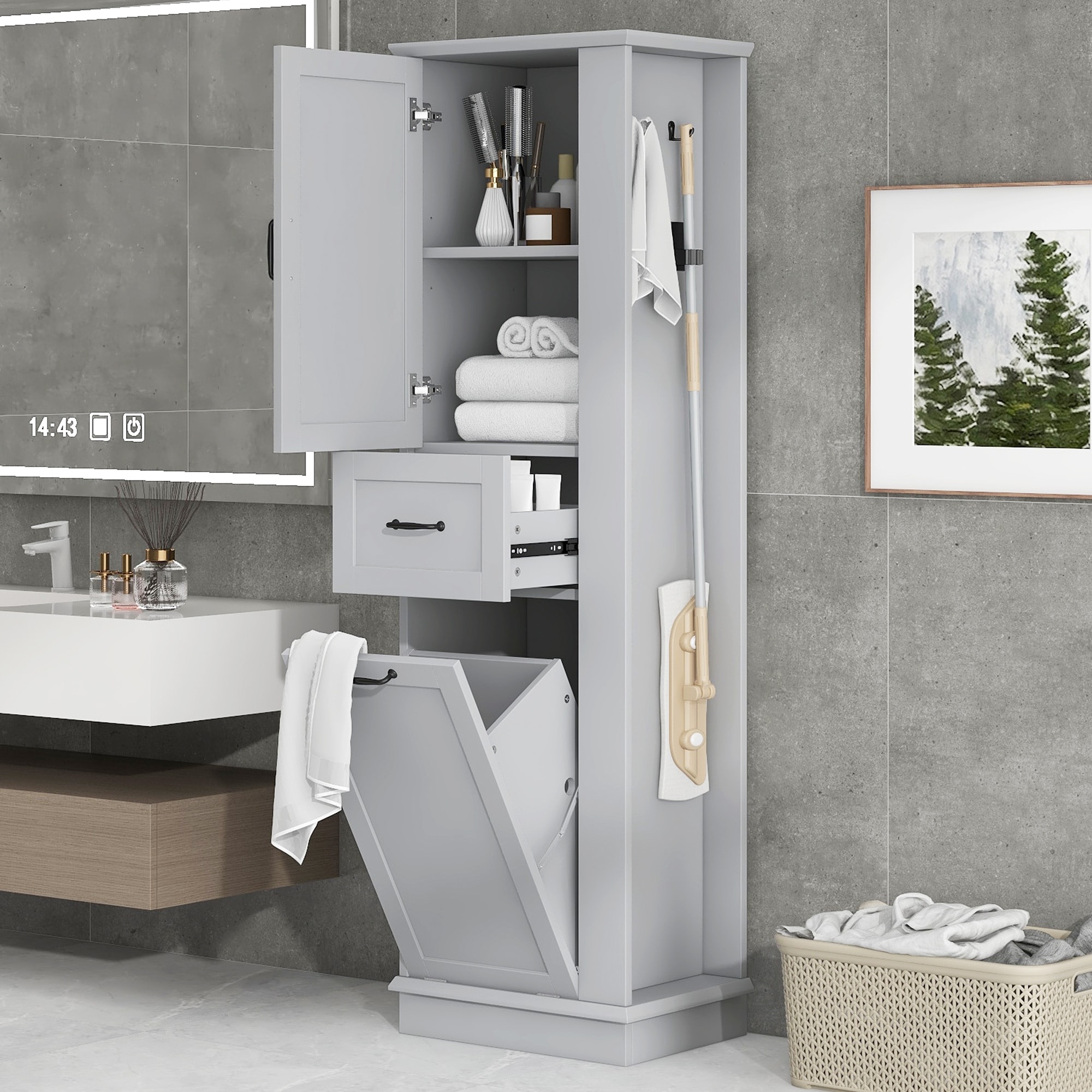 Modern Tall Storage Cabinet With Tilt-Out Compartment, Adjustable Shelves, 80LBS Capacity, Soft-Close Hinges .