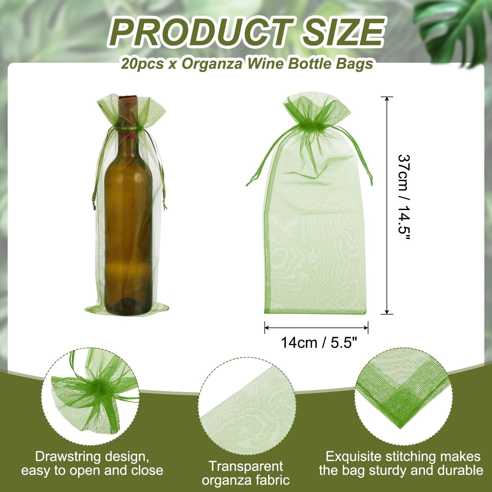 Organza Wine Bags, Drawstring Organza Bottle Gift Bags Sheer Wine Wrapping Bag for Bottle Wrap Birthday - 14.5 x 5.5