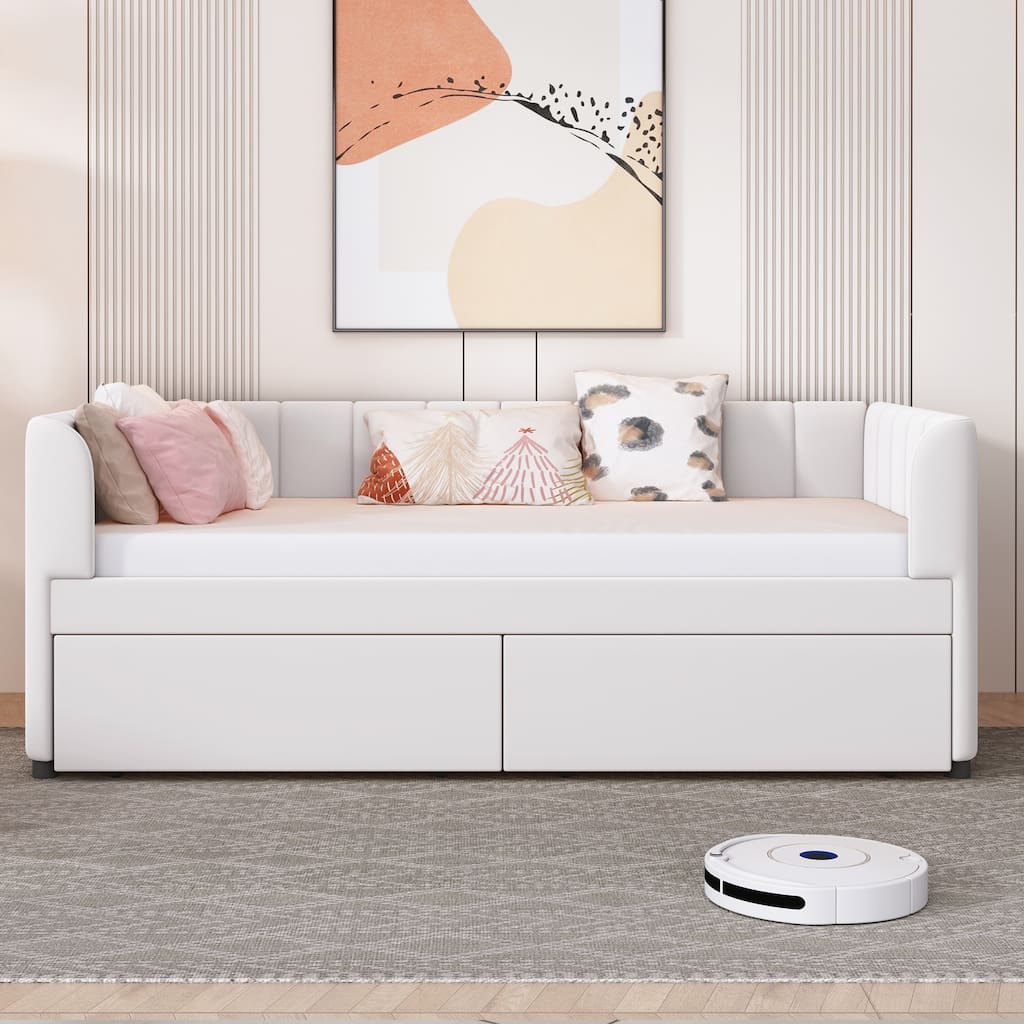 Twin Size Upholstered Daybed with Stripe Headboard and 2 Storage Drawers, Velvet Daybed Sofa Bed for Teens Bedroom, Beige