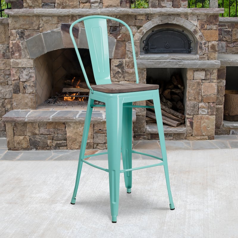 30" High Metal Barstool with Back and Wood Seat - 18"W x 19"D x 46"H - 18"W x 19"D x 46"H - Mint Green