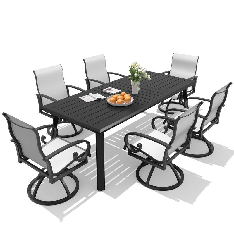 7PC Outdoor Patio Aluminum Dining Set Table with Sunbrella Swivel Dining Chairs Umbrella Hole - Table-Black&Chairs-AUGUSTINEOYSTER