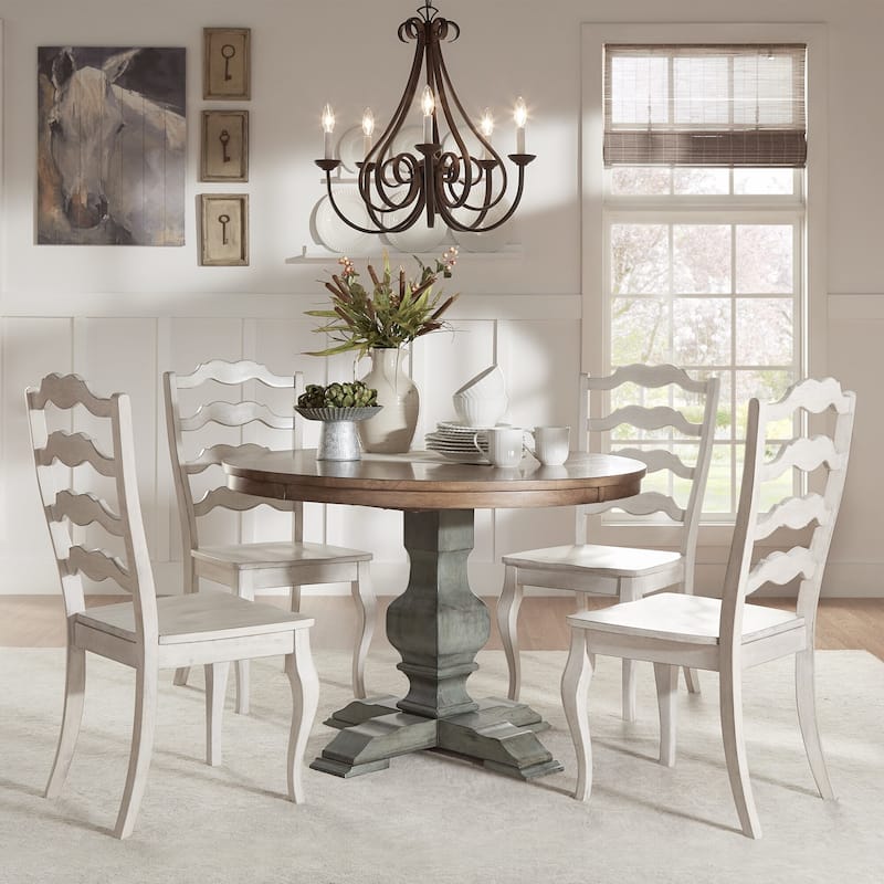 Eleanor Sage Green Round Solid Wood Top Ladder Back 5-piece Dining Set by iNSPIRE Q Classic - Antique Sage Green Table - Antique White Chairs