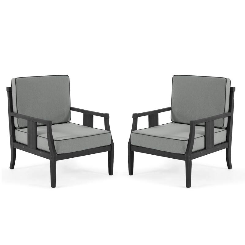 Set of 2 Outdoor Teak Wood Armchairs with Cushions, Patio Club Chairs