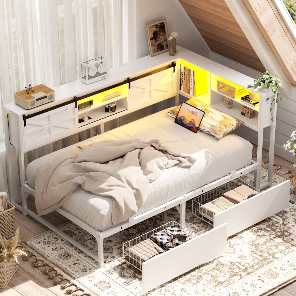 Corner Daybed with Drawers and Bookcase, Twin Bed Frame with LED Light and Charging Station
