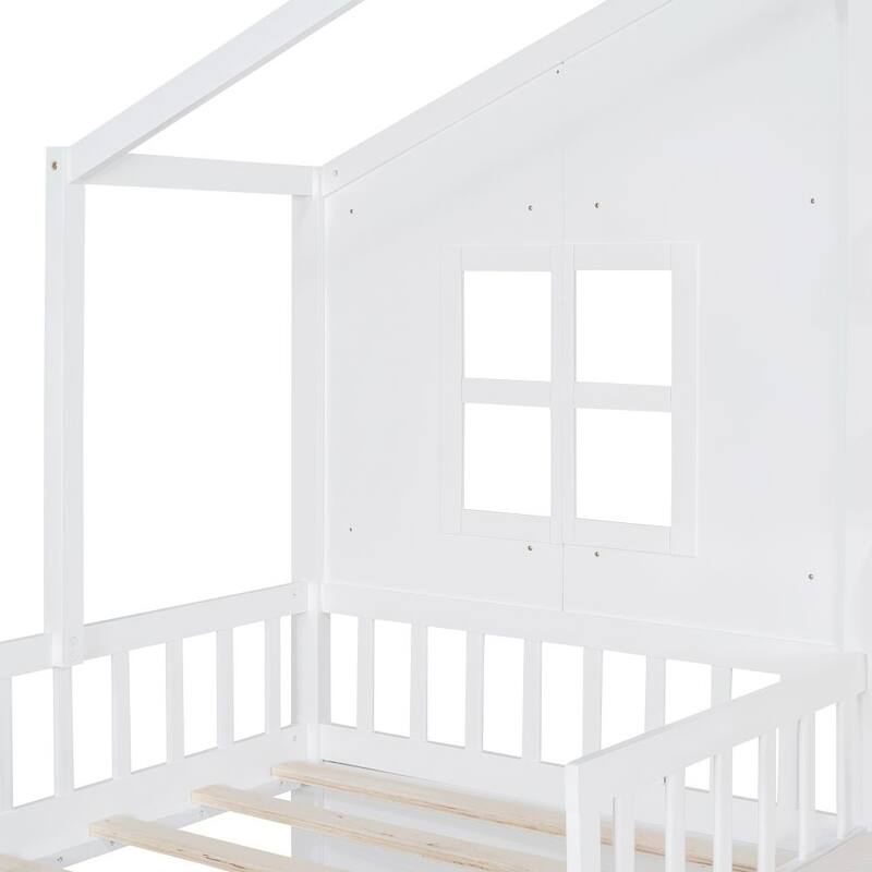 Twin Size House Bed with Sofa, Kids Platform Bed with Two Drawers and Storage Shelf