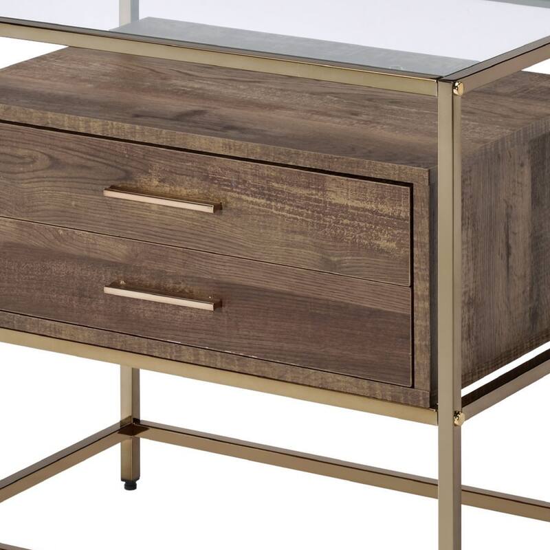 24 in. Gold Rectangle Glass End Table with Storage Drawer for Convenience
