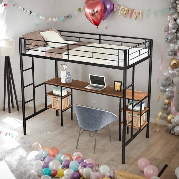 slide 2 of 15, Stylish Twin Size Loft Bed with Integrated Study Area,Storage Shelves,Kids Bed Design Black