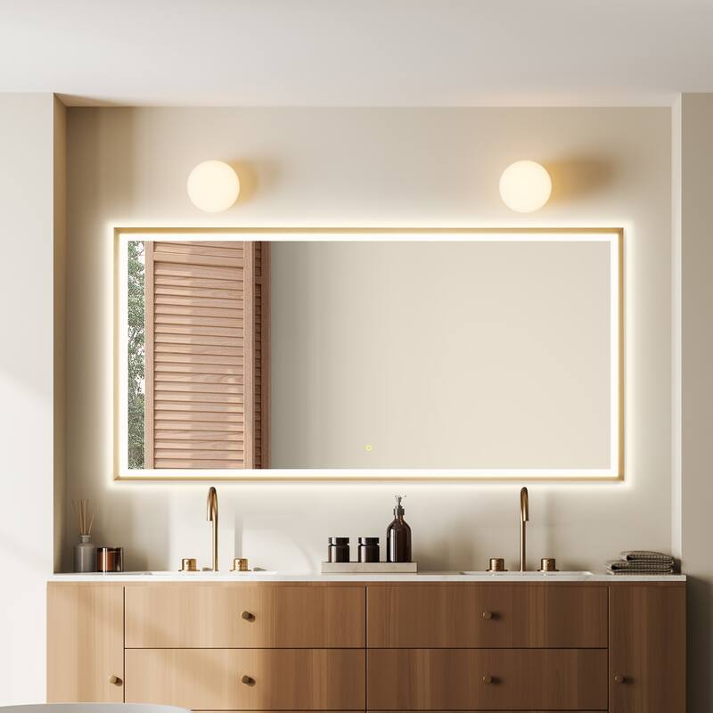 Apollo Rectangular Anti-Fog Dimmable Modern Bathroom/Vanity LED Lighted Wall Mirror in Brushed Gold Aluminum Framed