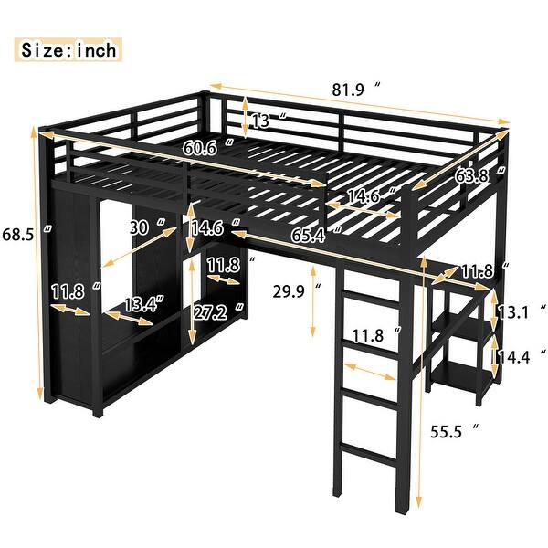 dimension image slide 1 of 3, Black Metal Loft Bed Frame with Built-In Wardrobe, Desk and Shelves