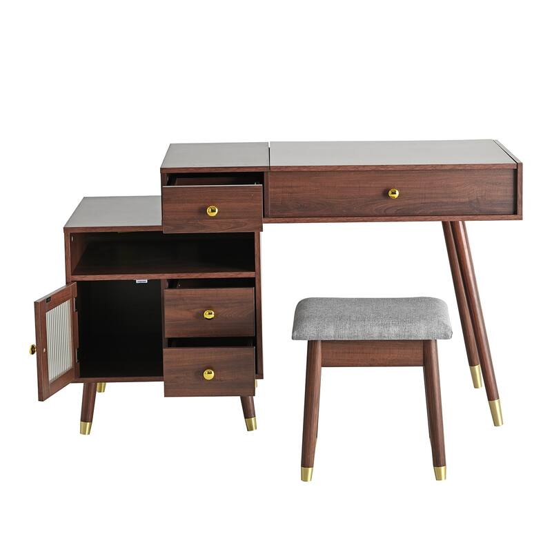 3-in-1 Vanity Desk with Lighted Flip-Top Mirror & Retractable Side Cabinet, Vanity Set with Stool & Storage Drawers