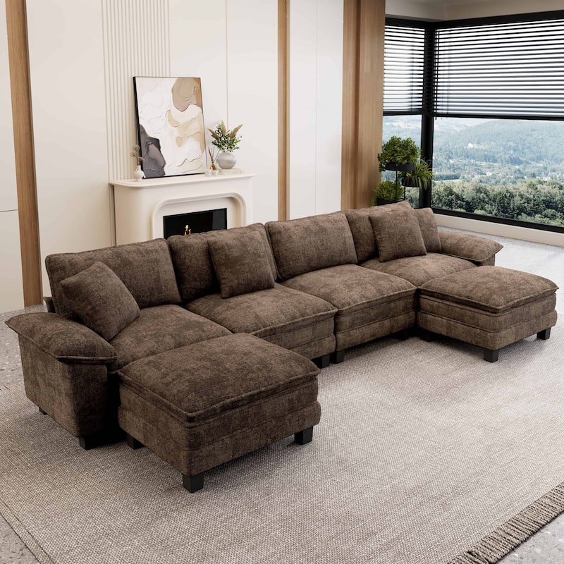 MAISON ARTS Modular Cloud Sectional Sofa, Comfy L- or U-Shaped Couch with Ottomans & Pillows, 4–6 Seat Living Room Sofa - Brown Chenille(6 Pieces) - Symmetrical