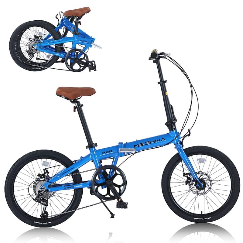 20" Folding City Bike, Lightweight Aluminum Frame,7-Speed Folding Bike - Blue