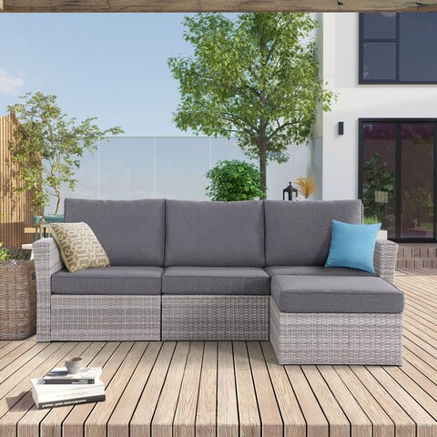 Andrea Contemporary Modern Rattan Wicker Sectional with Plush Cushions