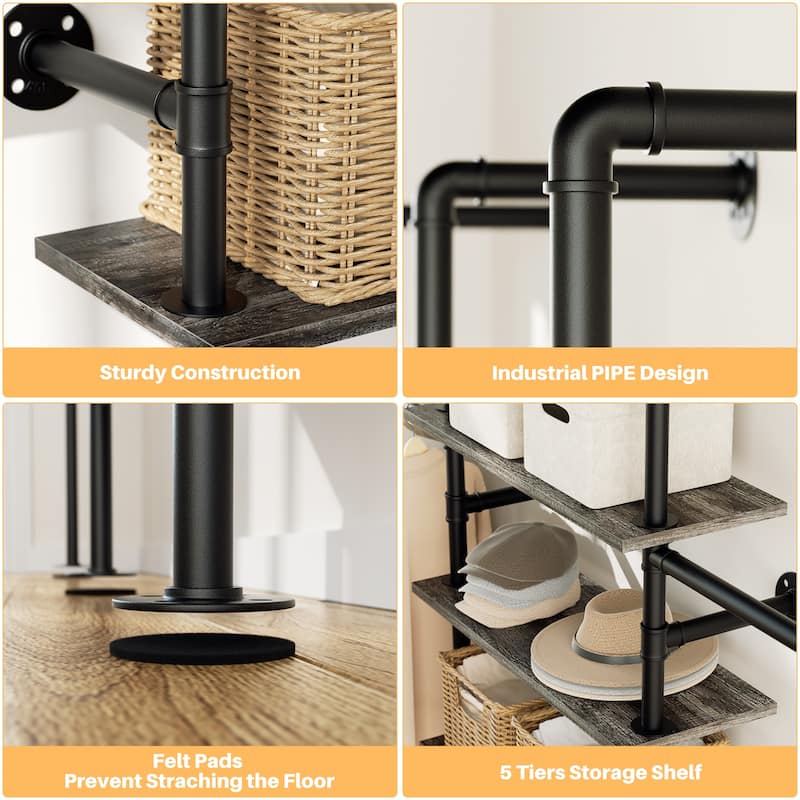 77'' Industrial Pipe Clothing Rack with 5-Tier Shelves, Reversible Closet Organizer System Garment Racks for Hanging Clothes