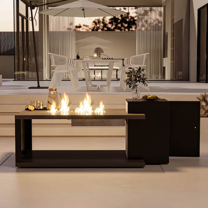 Outdoor Patio Coffee Table, Heavy-Duty Table with Gas Fire Pit & Rain Cover