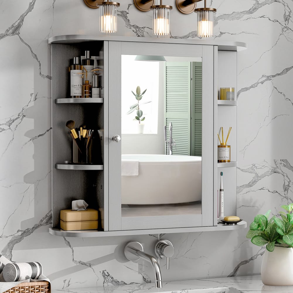 Bathroom Mirror Wall Cabinet with Open Shelves