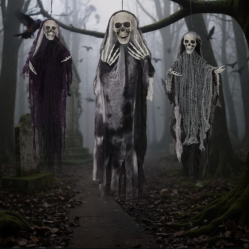 3-Pack Hanging Grim Reaper Decorations with Scary Skull Heads and Tattered Robes for Halloween