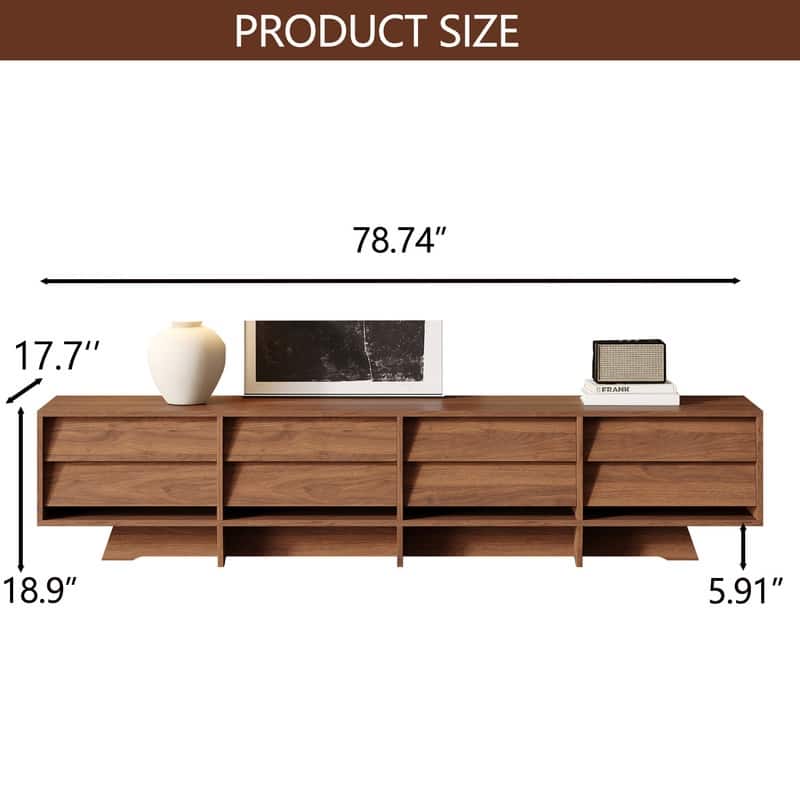 78.74" Mid Century TV Stands,Brown Wood Media Console with 8 Drawers