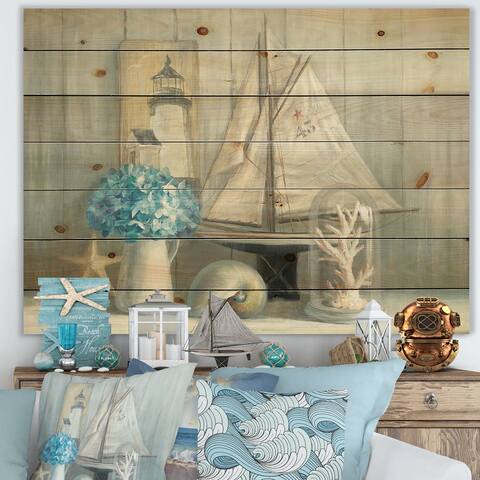Designart 'Summer Nautical House' Nautical & Coastal Print on Natural Pine Wood - Blue
