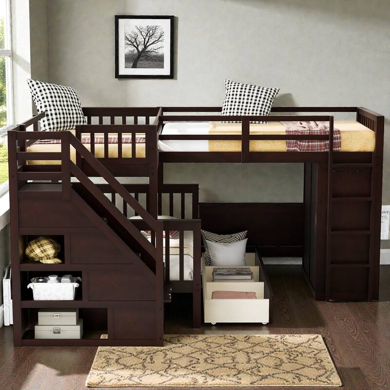 Twin Twin Over Full L-Shaped Bunk Bed with Drawers, Wardrobe and Retractable Desk, Pine Wood Frame - Espresso - Full