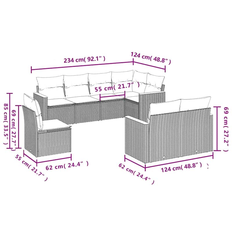 vidaXL Patio Sofa Set with Cushions Outdoor Conversation Furniture Poly Rattan - 24.4x 24.4x 27.2