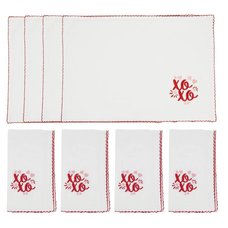 XO Placemats & Napkins (Set of 8) - Embroidered Valentine's Table Linens with Scalloped Red Trim, 13"x19" / 18"x18" - Set of 8