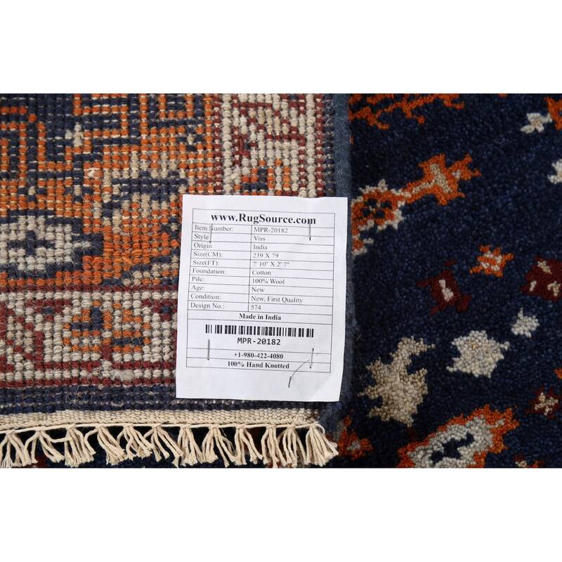 Blue Geometric Viss Oriental Runner Rug Handmade Wool Carpet - 2'7"x 7'10"