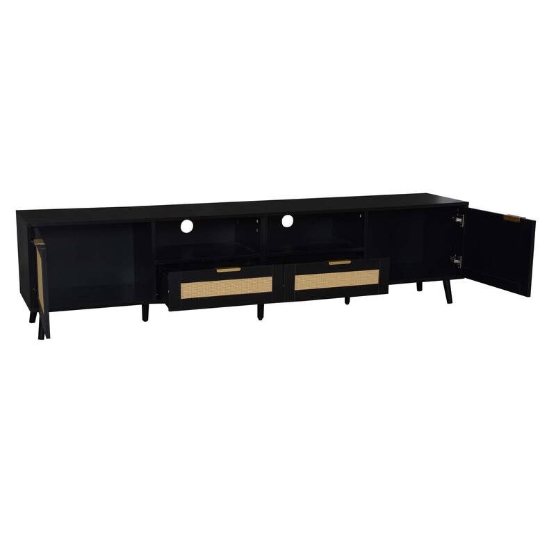 Rattan TV Stand for TVs up to 85", Boho Entertainment Center with 2 Storage, Solid Wood Feet, Vintage Console Table