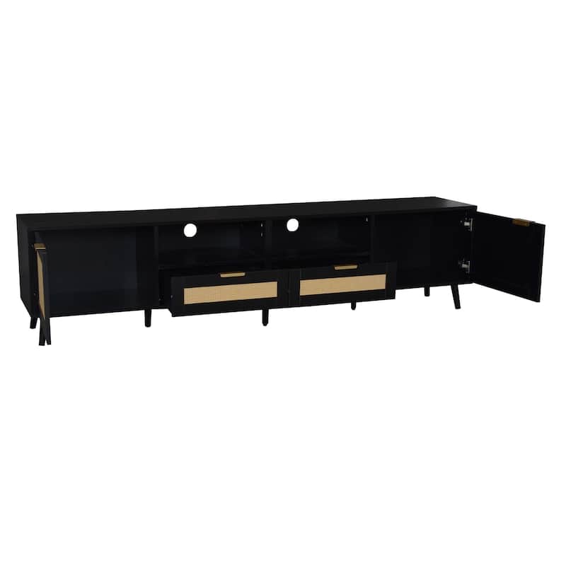 Rattan TV Stand for TVs up to 85", Modern Media Console, Entertainment Center with Solid Wood Legs