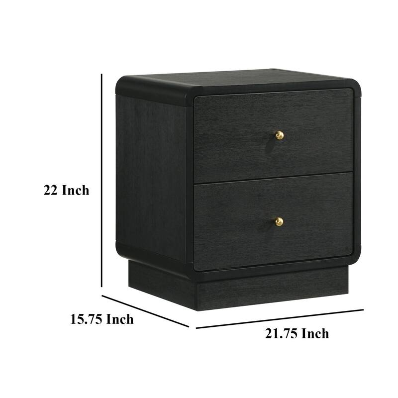 Cavy Nightstand, 2 Storage Drawers, Black Wood, Round Gold Knobs