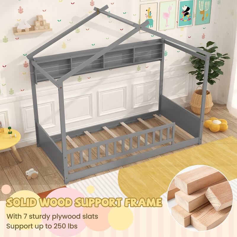 Gymax Twin Size House Bed w/Storage Shelf Headboard & Guardrail Wooden